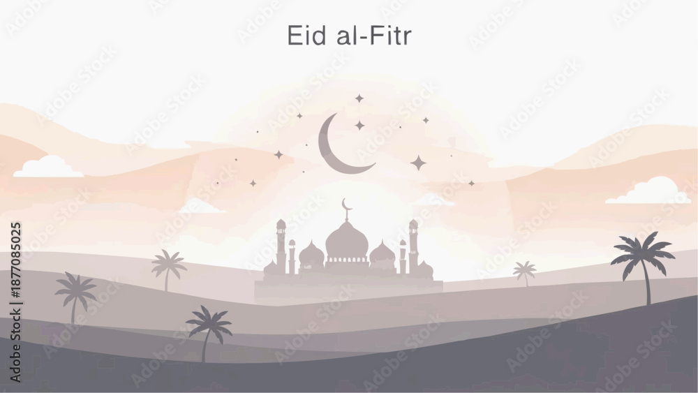 Fototapeta premium Serene Desert Landscape with Mosque Silhouette for Eid al-Fitr Celebration.