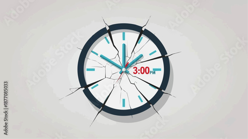 Broken clock face with cracked glass and digital display showing 3:00.