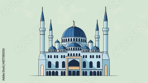 Islamic mosque with minarets and large central dome illustration.