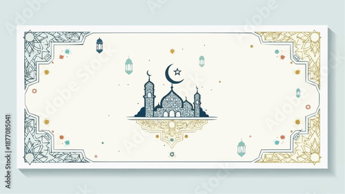 Islamic mosque illustration with crescent moon and decorative elements.
