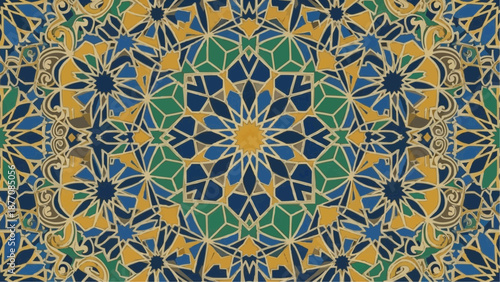 Intricate Islamic Geometric Pattern with Floral Motifs and Vibrant Colors.