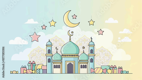 Islamic mosque with crescent moon and stars, Eid celebration, gift boxes.