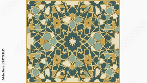 Intricate geometric pattern with teal, gold, and cream colors.