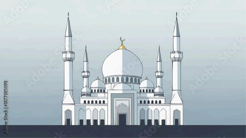 White Mosque with Minarets and Dome Islamic Architecture Illustration.