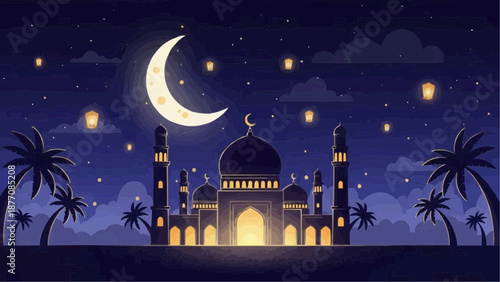 A beautiful night scene featuring a mosque with glowing lights, a large crescent moon, stars, floating lanterns, and palm trees under a dark sky, evoking a sense of peace and celebration.