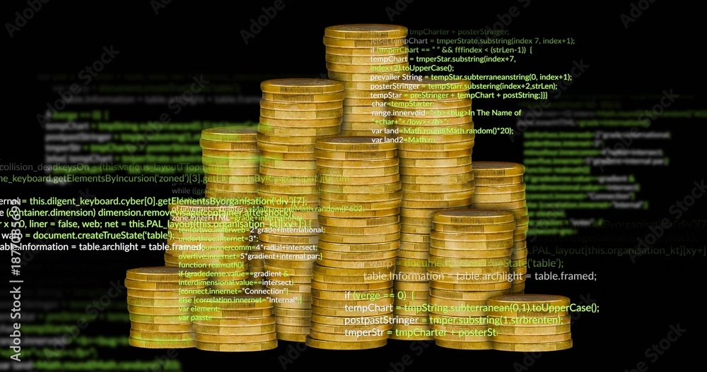 Obraz premium Displaying stacked gold coin piles shimmering on studio black backdrop, with floating code overlay