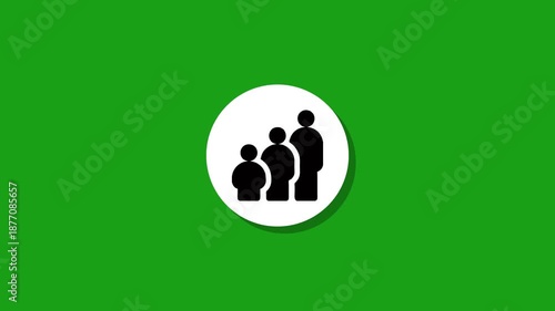 Animated demographic population growth icon revealing three standing figures representing different age groups or family structure on green screen chroma key footage