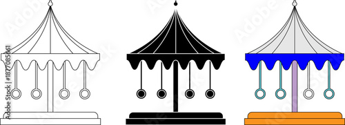 Carousel or merry-go-round icon set in three styles: outline, solid black, and flat color for amusement park designs