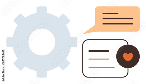 Collaboration, digital tools, workflow management, communication, feedback systems, teamwork. Gear icon with text bubbles and heart symbol. Collaboration and digital tools concepts featured