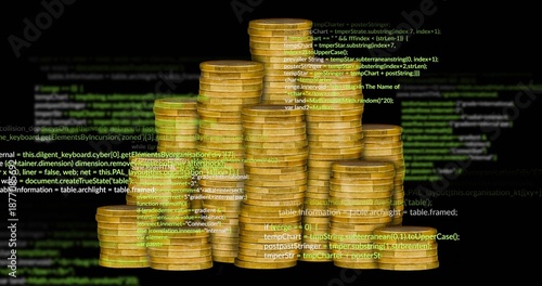 Displaying stacked gold coin piles shimmering on studio black backdrop, with floating code overlay