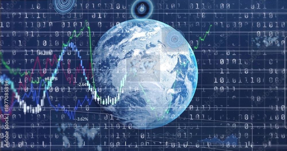 Obraz premium Rotating rendered Earth globe showing colored financial charts in virtual grid, with binary overlay