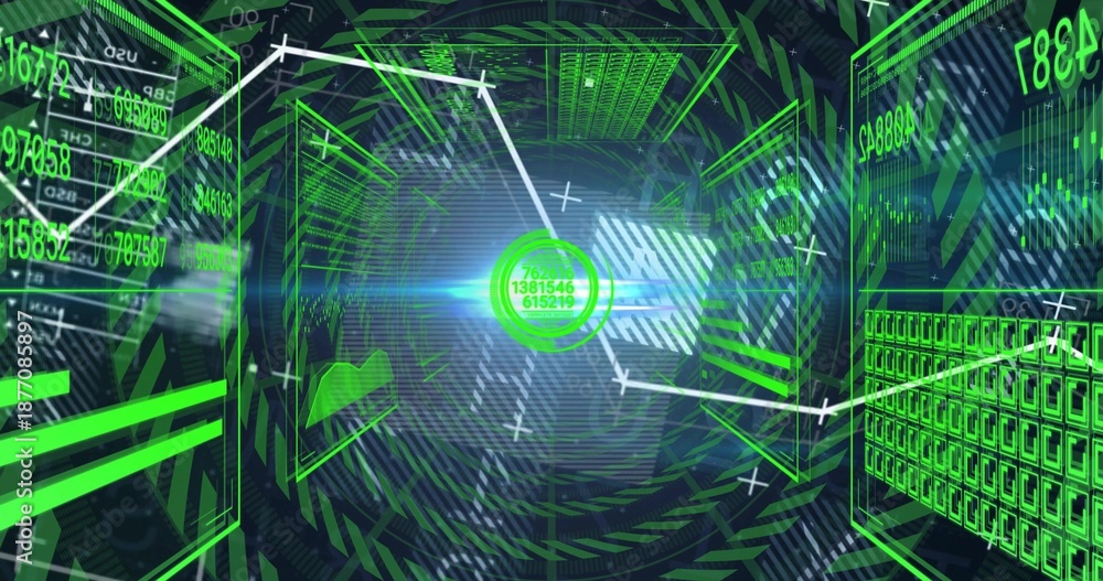 Naklejka premium Pulsing central glowing circular hub projecting lines in simulated digital corridor, with UI panels