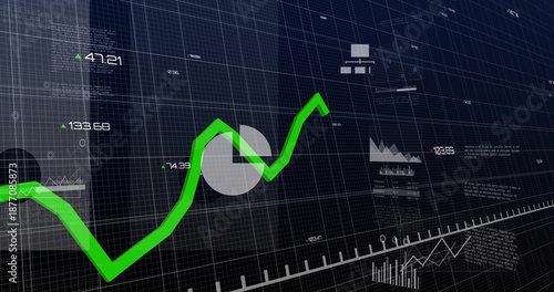 Displaying bright green trend line climbing across dark 3D grid plane, showing numeric readouts