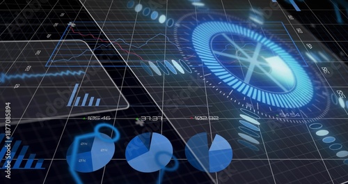 Displaying large circular radial gauge pulsing on right of virtual grid, with pie, bar, line charts