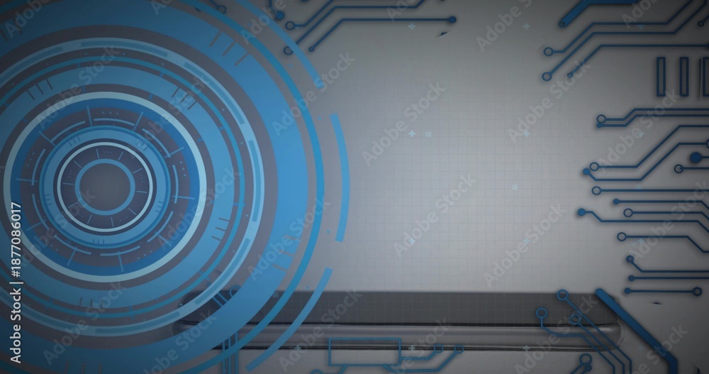 Obraz premium Dominating large blue concentric HUD rings and arcs occupying left side of frame, copy space