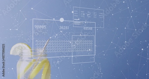 Displaying glass jar with lemon wedge and straw in studio, with HUD numeric readouts, copy space