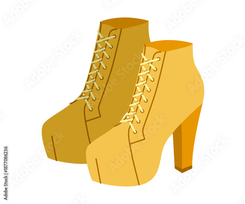 Yellow platform ankle boot women flat pair. Lace up high heel footwear for party, music video, bold urban look. Technical fashion illustration, CAD mockup, rich vector men unisex isolated modern style