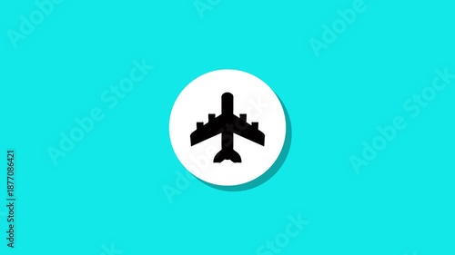 Airplane icon appearing inside circle with shadow on bright cyan background motion graphic