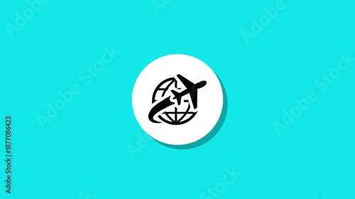 Animated globe with airplane flying around it on turquoise background with shadow effect