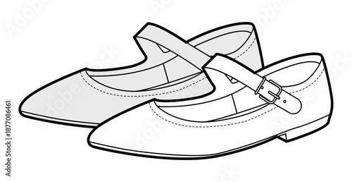 Mary Jane flat shoe women sketch pair. Strap front pointed toe footwear for smart casual office outfit. Technical fashion illustration CAD mockup detailed vector man unisex isolated classic style.