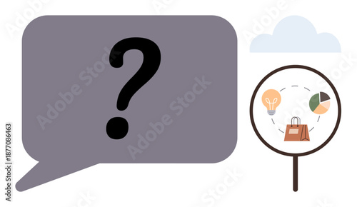 Business strategy, data analysis, creative solutions, decision-making, e-commerce, consumer trends. Speech bubble with question mark, magnifying glass showing ideas. Business strategy and data