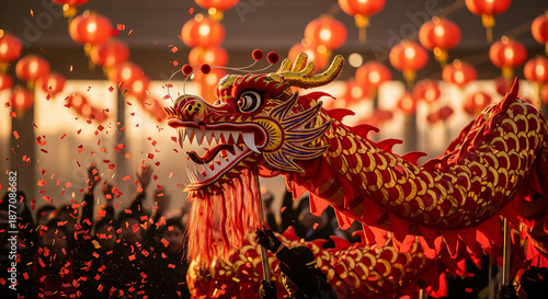 Traditional Chinese dragon dance performance with red lanterns and confetti celebration