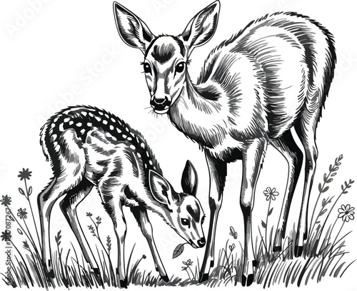 Black and white illustration of mother deer and fawn in grass