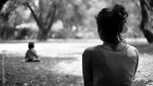 Parent Watching Child Play in Distance from Rear View in Serene Outdoor Setting