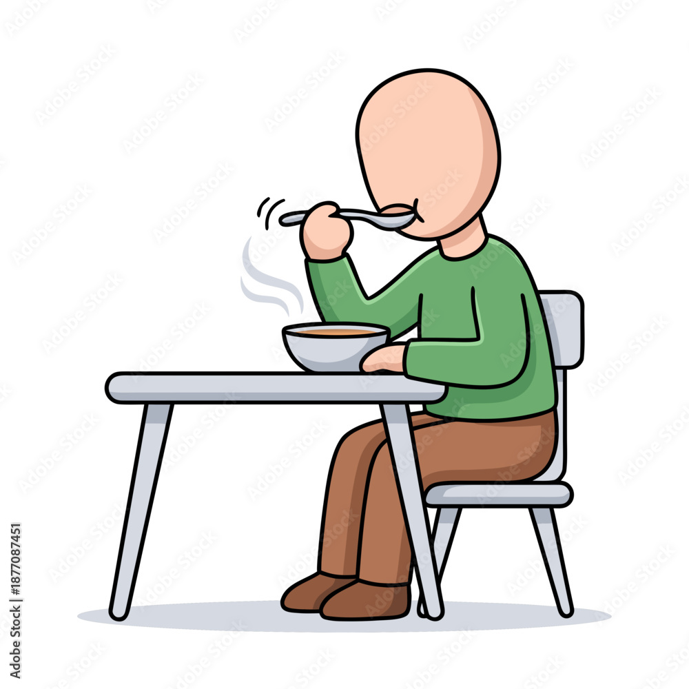 Fototapeta premium A simple cartoon illustration of a person eating a meal at a table with a spoon and bowl.