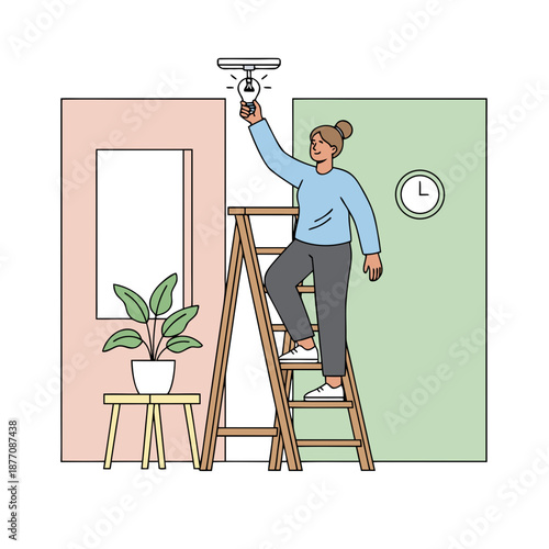 Woman on ladder changing lightbulb in home interior.