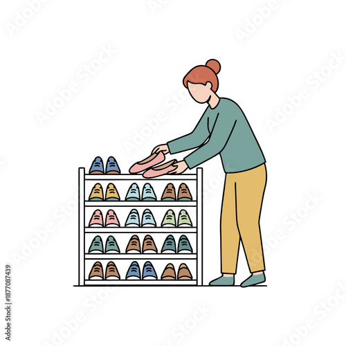 Woman organizing shoes on a shoe rack tidying up her footwear collection.
