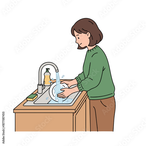 Woman washing dishes in kitchen sink with soap and sponge.