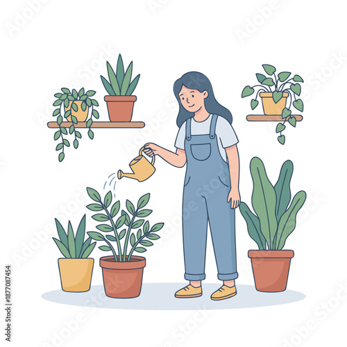 Young woman watering plants with a watering can surrounded by potted greenery.