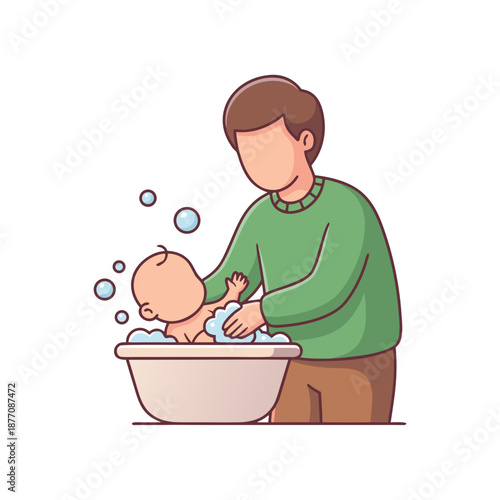 Father bathing his baby in a tub with soap bubbles a heartwarming family moment.
