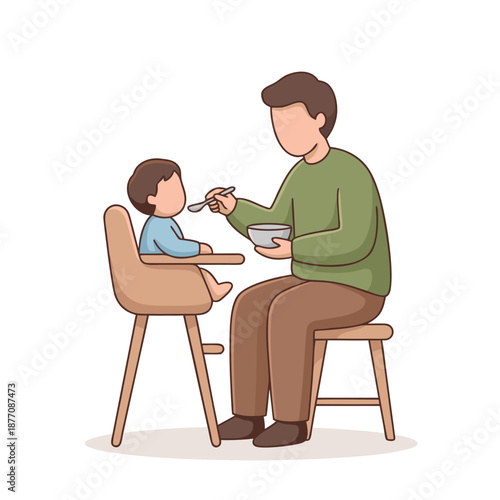Father feeding his baby in a high chair with a spoon.
