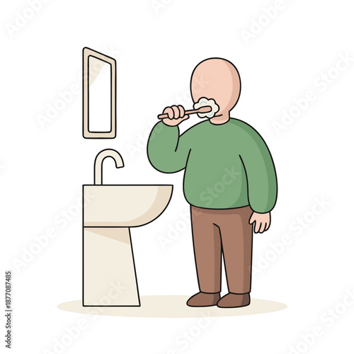 Man Brushing Teeth in Bathroom.