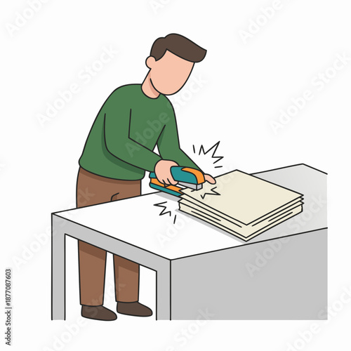 Man using an electric sander on a stack of wooden boards.