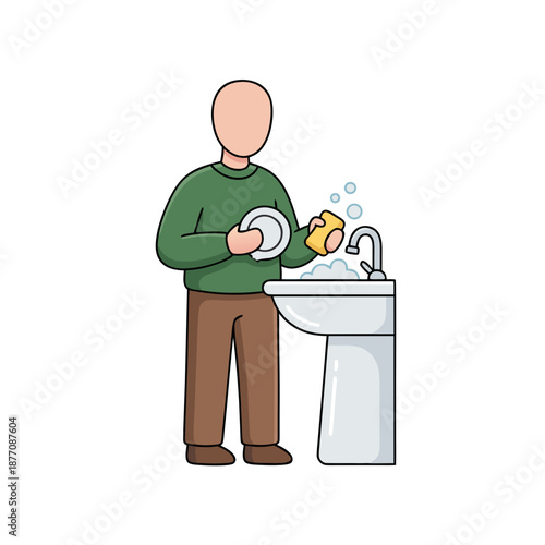 Man washing dishes in a sink with soap and sponge.
