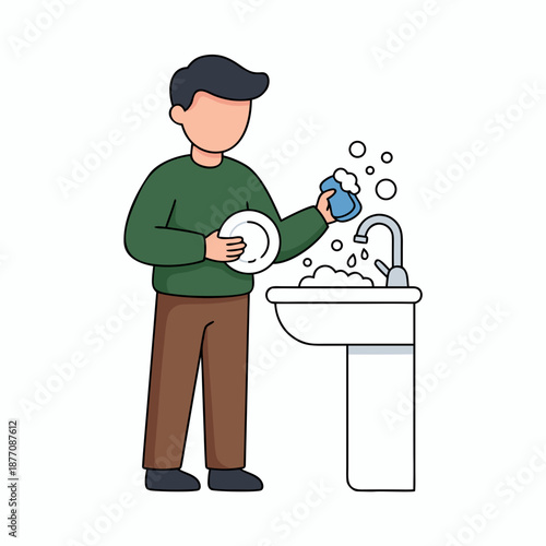 Man washing dishes in the kitchen sink with soap and water.
