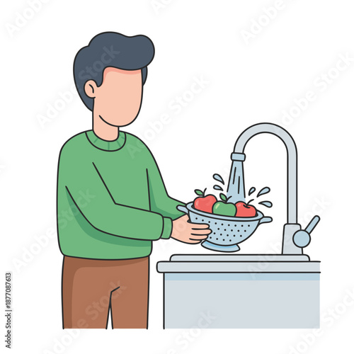 Man washing fresh vegetables in a colander under running water in the kitchen.