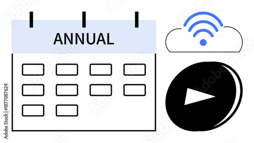 Content planning, streaming services, annual events, technology usage, cloud storage, and media access. A calendar labeled Annual, a cloud with a wireless symbol and a play button icon. Content