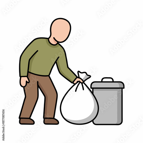 Person disposing of garbage bag into a trash can for waste management.