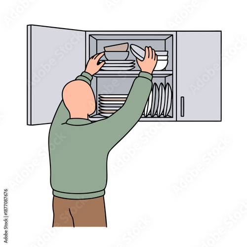 Person putting away dishes in kitchen cabinet.