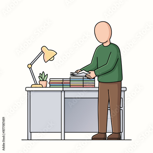 Person organizing documents on a desk with a lamp and plant.