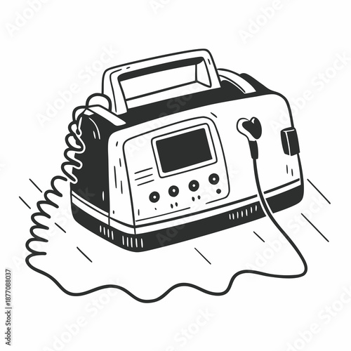 Defibrillator with cord and display on white background  