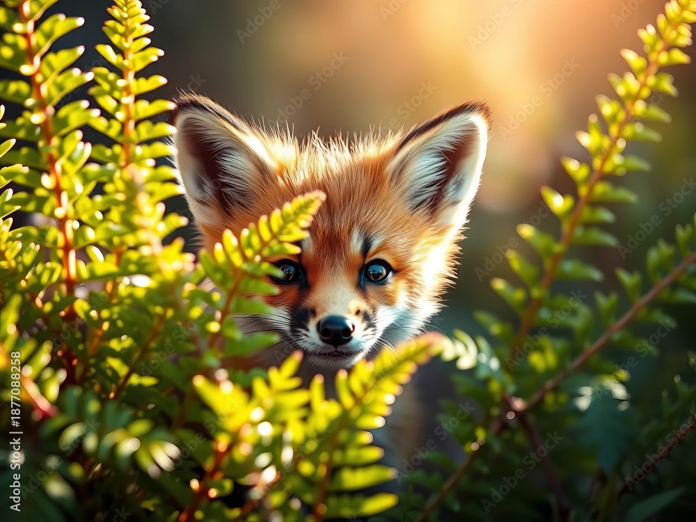 Fototapeta premium Playful fox cub peeking from behind a sun-dappled fern, natural light, forest setting