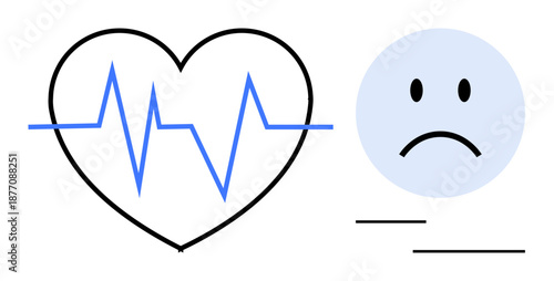 Health concept. Health by a heartbeat inside a heart, relating physical and mental wellness. Health concerns with a sad face for emotional and medical awareness. Perfect for medical, emotional