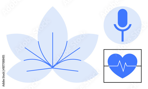 Wellness, communication tools, healthcare monitoring, mindfulness, holistic health, digital health. A leaf, microphone and heartbeat symbol are visible. Wellness and communication tools concepts