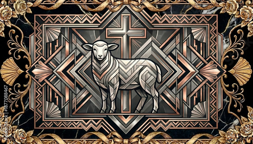 Elegant Easter artwork depicting a lamb with intricate patterns and a cross in a vintage style
