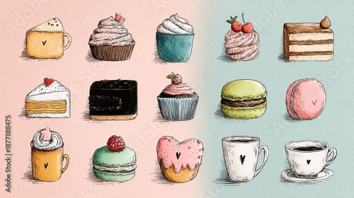 Dessert label templates with sweet treat icons, hand-drawn fonts, and pastel colors in editable format, ideal for product packaging